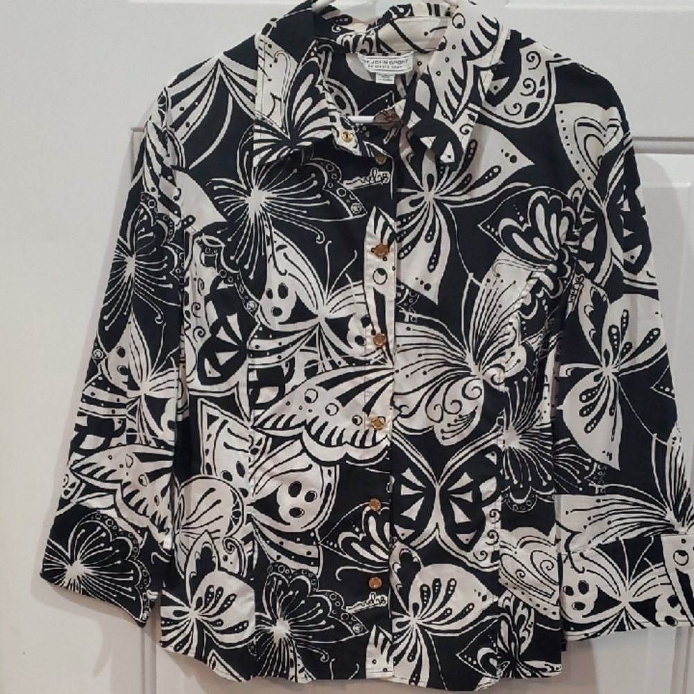 St John Sport By MARIE GRSY Butterfly Black And White Blouse Vintage P2p 22